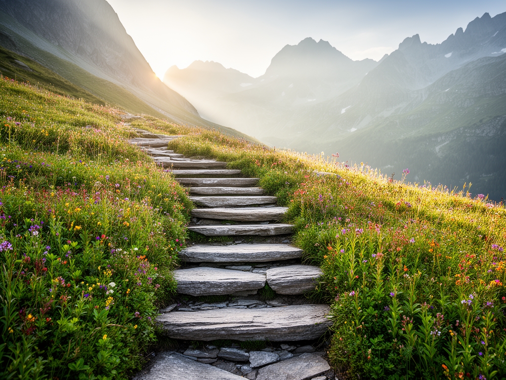 Mirna slika planinskog pejzaža obasjanog blagim jutarnjim suncem — stara kamena stepenica vodi kroz bujan alpski vrt sa raznovrsnim biljem, simbolizujući mudrost i dugovečnost prirode