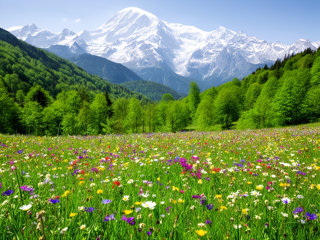 Planinska livada u proleće sa raznovrsnim divljim cvećem u punom cvetu, okružena bujnim zelenilom i snežnim vrhovima u daljini