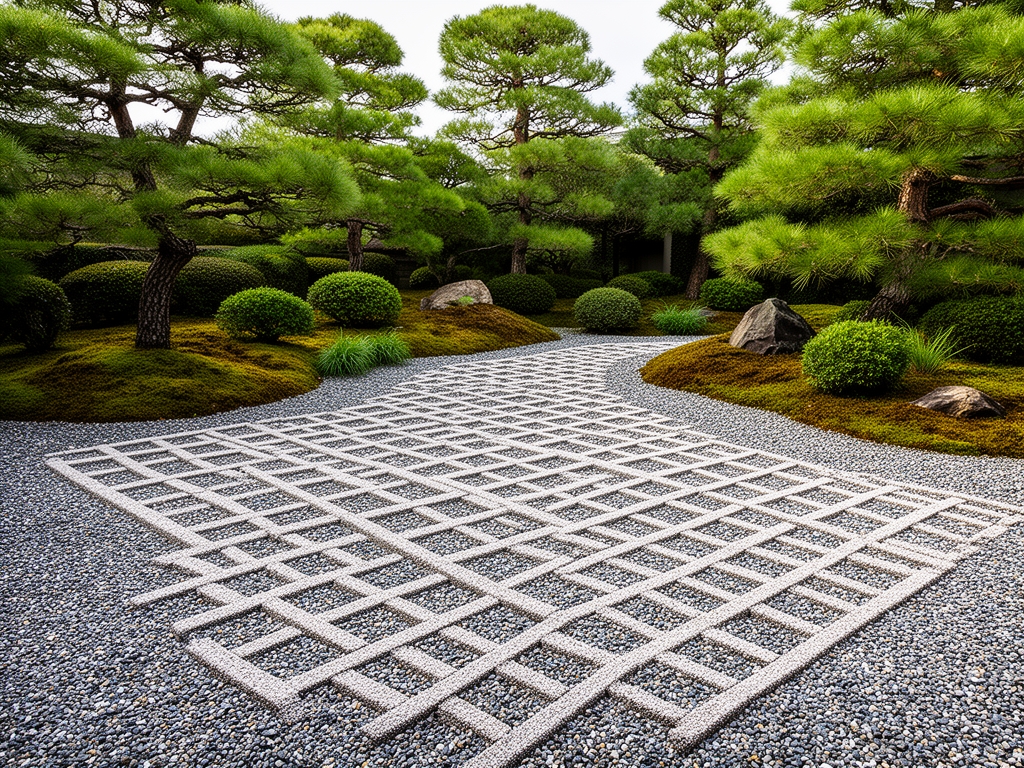 Mirna kamena bašta u japanskom stilu sa rešetkastim obrascem u šljunku, okružena niskim drvećem i biljkama u stilu zen zen baštovanstva