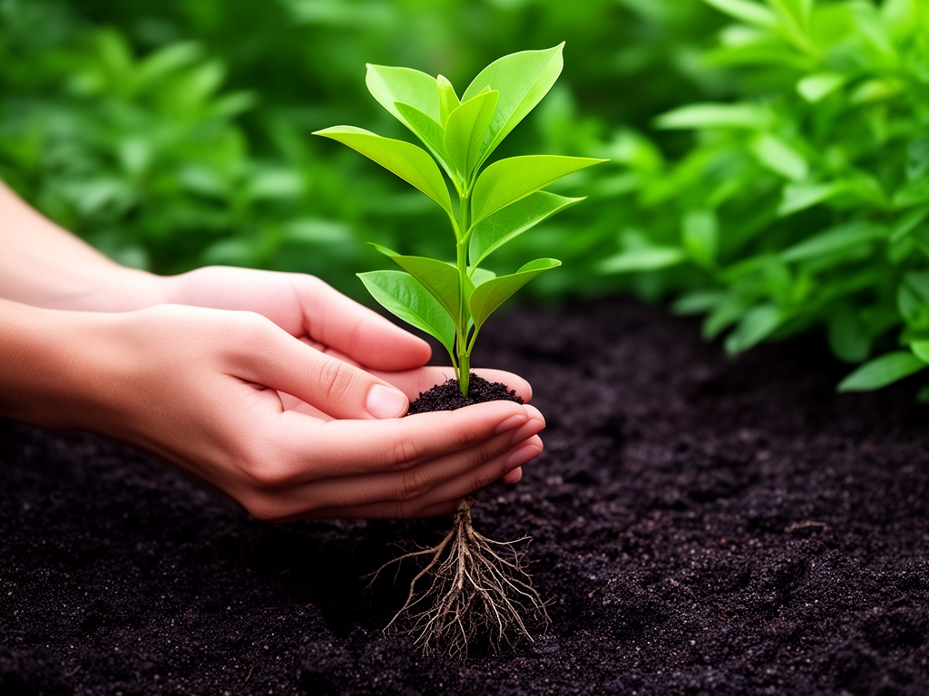 Ruke nežno držeće mladu zelenu biljčicu sa korenom, okružene tamnom, vlažnom zemljom i rastinjem u pozadini, simbolizujući brigu i rast